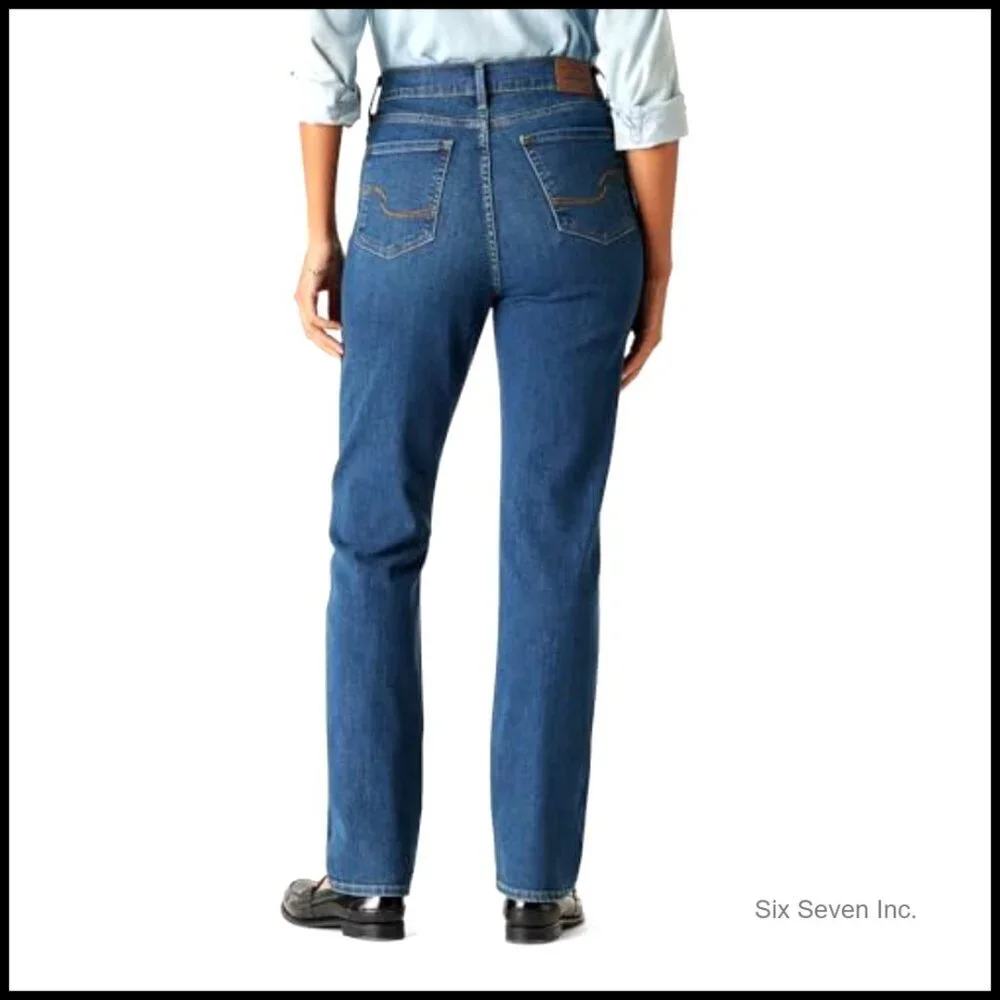 High-Rise Straight Jeans Shaping Tummy Panel Wide Leg Classic Denim